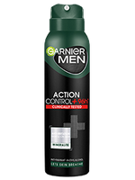 Ciemnozielono-czarna puszka dezodorantu Garnier Men Action Control+, na białym tle