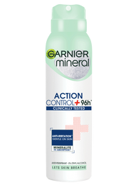 Biała puszka dezodorantu Garnier Action Control z jasnozielonym kapslem, na białym tle