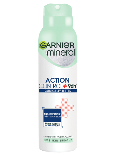 Biała puszka dezodorantu Garnier Action Control z jasnozielonym kapslem, na białym tle