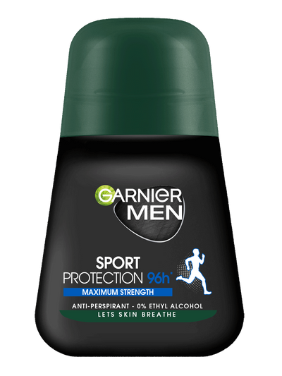 Czarna butelka dezodorantu w kulce Garnier Men Sport Protection 96h z ciemnozielonym kapslem
