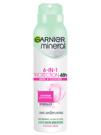 Biało-miętowa puszka dezodorantu Garnier Mineral z opisem produktu, na białym tle