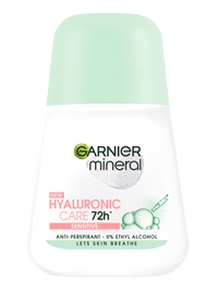 Biała butelka dezodorantu w kulce Garnier Mineral Hyaluronic Care 72h Sensitive z jasnozielonym kapslem