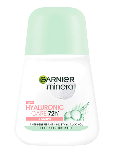 Biała butelka dezodorantu w kulce Garnier Mineral Hyaluronic Care 72h Sensitive z jasnozielonym kapslem
