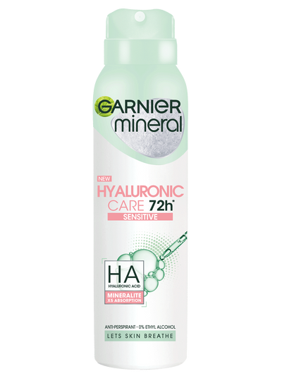 Biała puszka dezodorantu w sprayu Garnier Mineral Hyaluronic Care z opisem, na białym tle