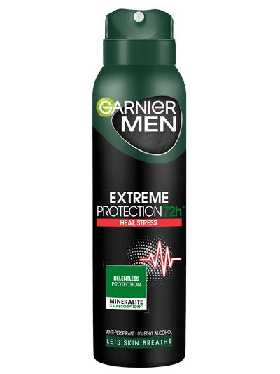 Ciemnozielono-czarna puszka dezodorantu Garnier Men Extreme Protection 72h