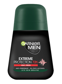 Matowoczarna butelka dezodorantu w kulce Garnier Men Extreme Protection 72h z ciemnozielonym kapslem