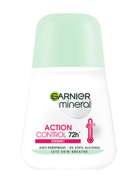 Biała butelka dezodorantu w kulce Garnier Mineral Action Control z ikoną termometru, na białym tle