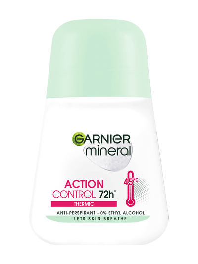 Biała butelka dezodorantu w kulce Garnier Mineral Action Control z ikoną termometru, na białym tle