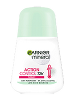 Biała butelka dezodorantu w kulce Garnier Mineral Action Control z ikoną termometru, na białym tle