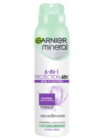 Biała puszka antyperspirantu Garnier Mineral Protection 6 z jasnozielonym kapslem, na białym tle