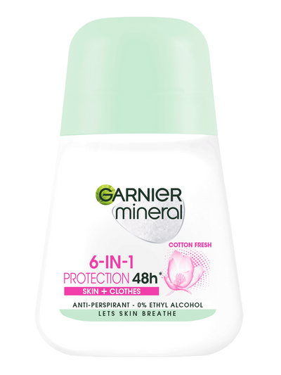 Biała butelka dezodorantu w kulce Garnier Mineral Protection 6 z etykietą, na białym tle