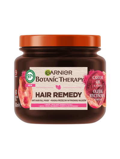 Ciemnobrązowy słoik maski Garnier Botanic Therapy z pomarańczową pokrywką, olejek rycynowy i migdał