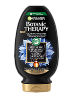 Czarna butelka odżywki Garnier Botanic Therapy w kształcie kropli z niebieskimi kwiatami i kroplą olejku
