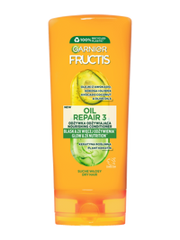 Pomarańczowa butelka odżywki Garnier Fructis do suchych włosów z etykietami ze składem