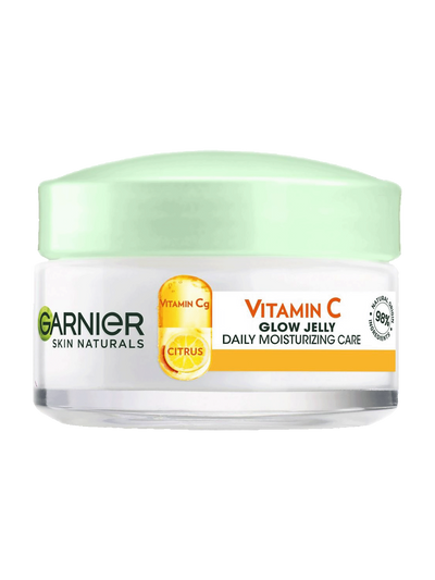 Biały słoik nawilżającego żelu Garnier Vitamin C Glow Jelly z jasnozieloną pokrywką