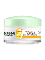 Biały słoik nawilżającego żelu Garnier Vitamin C Glow Jelly z jasnozieloną pokrywką