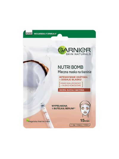 Opakowanie maski w płachcie Garnier Nutri Bomb z połówką kokosa, rozpryskiem mleka i pipetą
