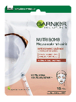 Opakowanie maski w płachcie Garnier Nutri Bomb z połówką kokosa, rozpryskiem mleka i pipetą