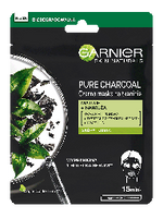 Czarne opakowanie maski w płachcie Garnier Pure Charcoal z liśćmi zielonej herbaty, węglem i pipetą