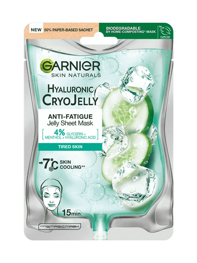 Saszetka maski Garnier Hyaluronic CryoJelly w kształcie worka z niebiesko-zielonym płynem i ogórkiem
