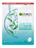 Biało-turkusowe opakowanie maski w płachcie Garnier Skin Naturals z liśćmi zielonej herbaty i kroplami