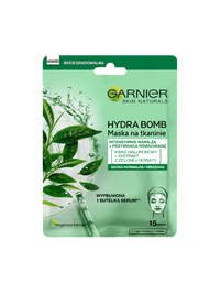 Opakowanie maski w płachcie Garnier Skin Naturals Hydra Bomb z liśćmi zielonej herbaty i pipetą