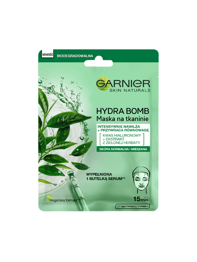 Opakowanie maski w płachcie Garnier Skin Naturals Hydra Bomb z liśćmi zielonej herbaty i pipetą