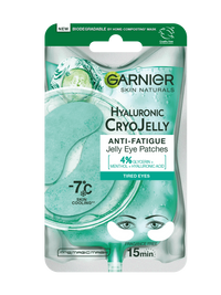 Opakowanie płatków pod oczy Garnier Hyaluronic CryoJelly z turkusowym żelem i plasterkami ogórka