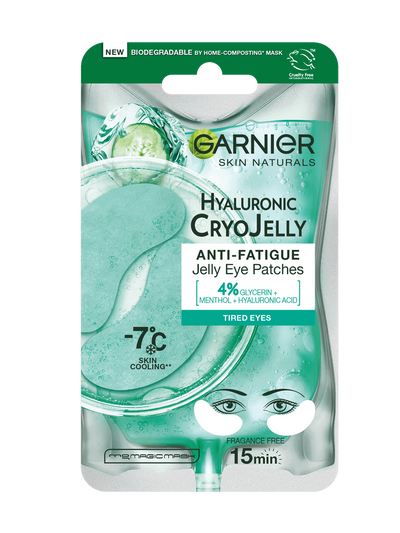 Opakowanie płatków pod oczy Garnier Hyaluronic CryoJelly z turkusowym żelem i plasterkami ogórka
