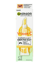 Opakowanie rozświetlającego kremu pod oczy Garnier Vitamin C z tubką i metalowym aplikatorem