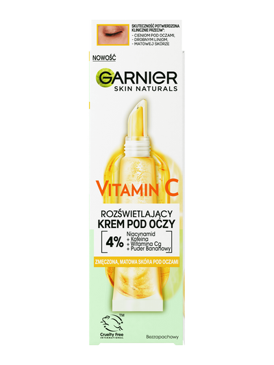 Opakowanie rozświetlającego kremu pod oczy Garnier Vitamin C z tubką i metalowym aplikatorem