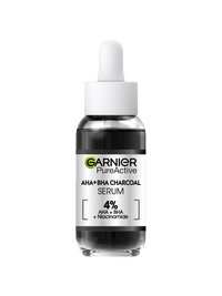 Szklana buteleczka serum z ciemnym płynem i białym kapslem, etykieta produktu, na białym tle