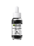 Szklana buteleczka serum z ciemnym płynem i białym kapslem, etykieta produktu, na białym tle