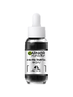 Szklana buteleczka serum z ciemnym płynem i białym kapslem, etykieta produktu, na białym tle