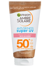 Biało-brązowa tubka filtra do twarzy Garnier Ambre Solaire SPF 50 z eko-opakowaniem