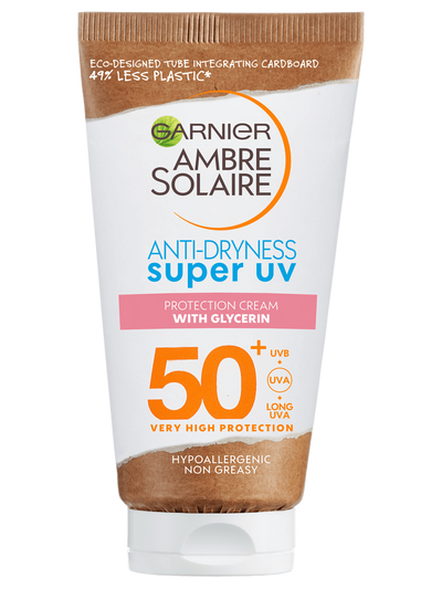 Biało-brązowa tubka filtra do twarzy Garnier Ambre Solaire SPF 50 z eko-opakowaniem