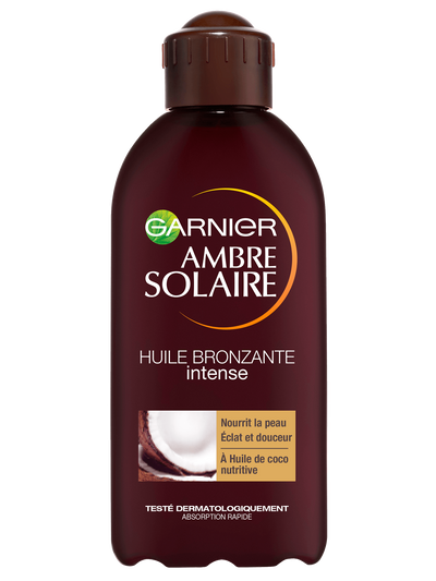 Brązowa butelka olejku przyspieszającego opalanie Garnier Ambre Solaire z motywem kokosa